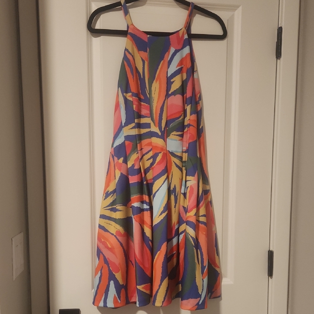 Vince Camuto Multicolor Abstract Print Mini Dress - Blue, Orange, Yellow, Pink
